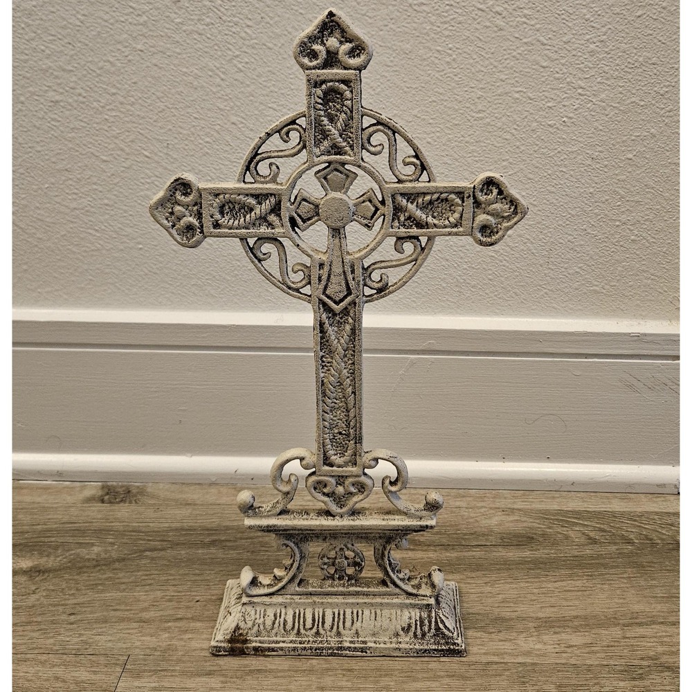 Rustic standing cast iron St. Benedict Garden metal cross weathered white finish